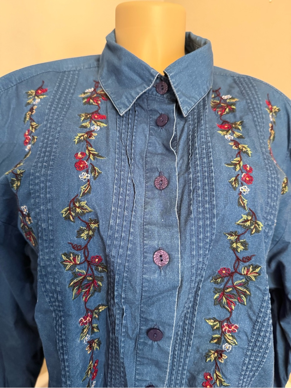 Embroidered Blue Button-Front Women's Blouse